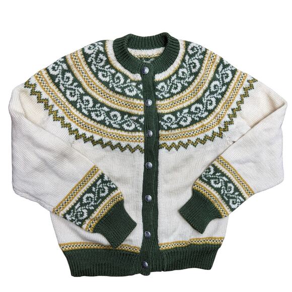 Norwegian Fair Isle Cardigan Sweater Women's S/M Crew Neck Green Yellow - Picture 1 of 6